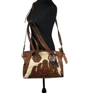 American Darling Brown Tooled Leather Cowhide Crossbody Satchel Bag Western NEW